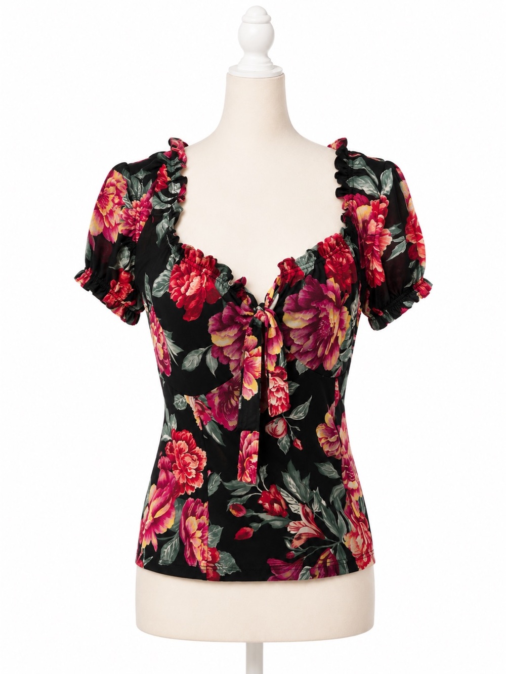 Just Polly Floral Puff Sleeve Peplum Top Womens Large Black Cottagecore Romantic